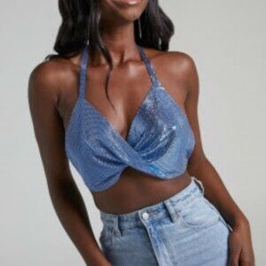 NWOT Showpo Shimmy Twist Blue Halter Top